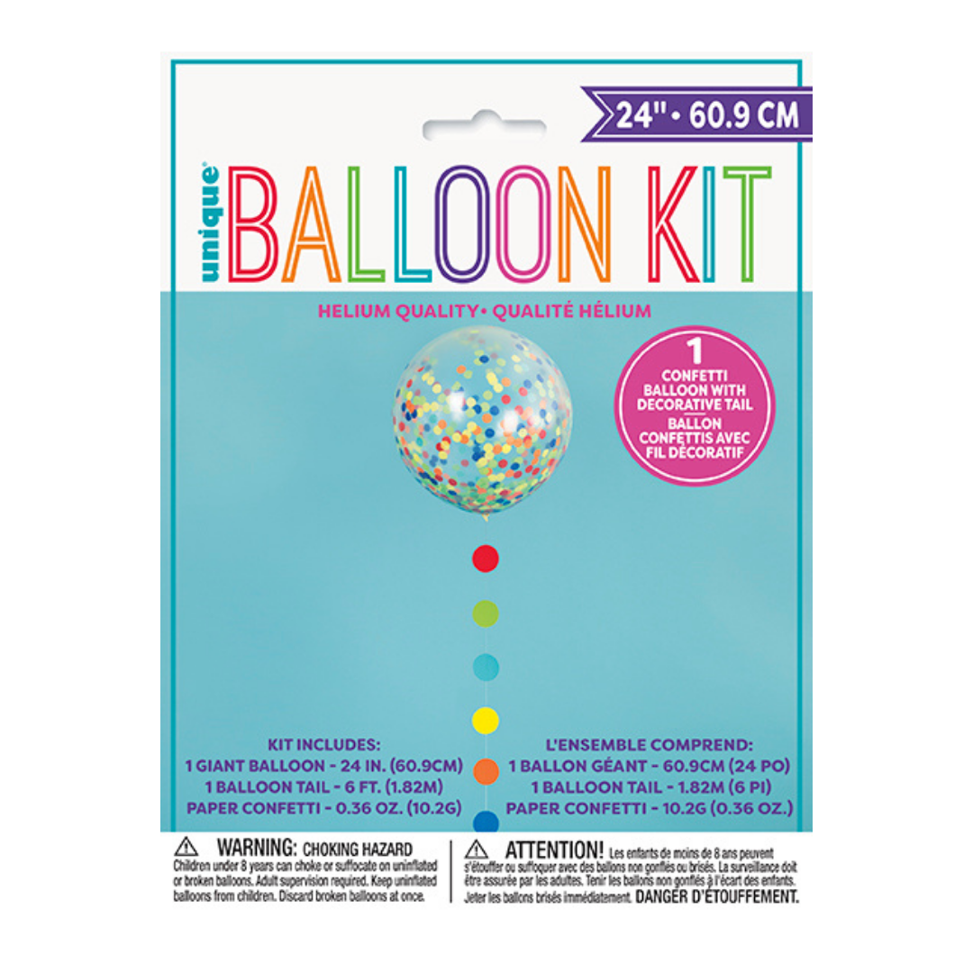 Clear Balloon with Rainbow Confetti & Dots Tassel, 24in