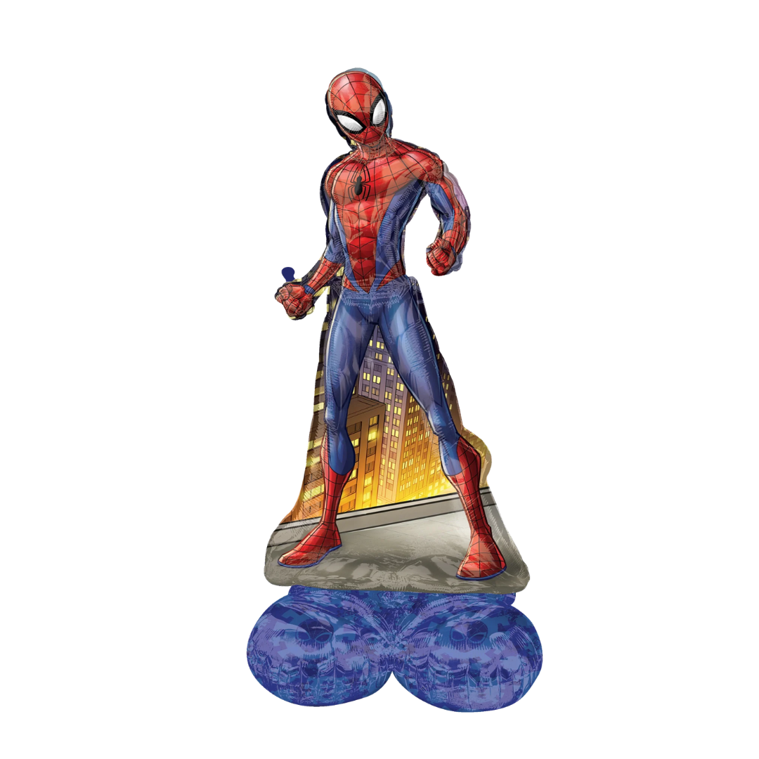 Red blue Spiderman foil balloon with city background for superhero birthday from Parte Haus party supply store in Bethesda MD