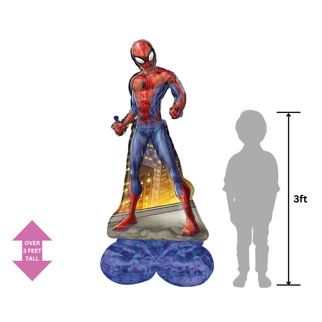 red and blue Spiderman foil balloon with city background superhero birthday decor from Parte Haus party supply store in Bethesda MD