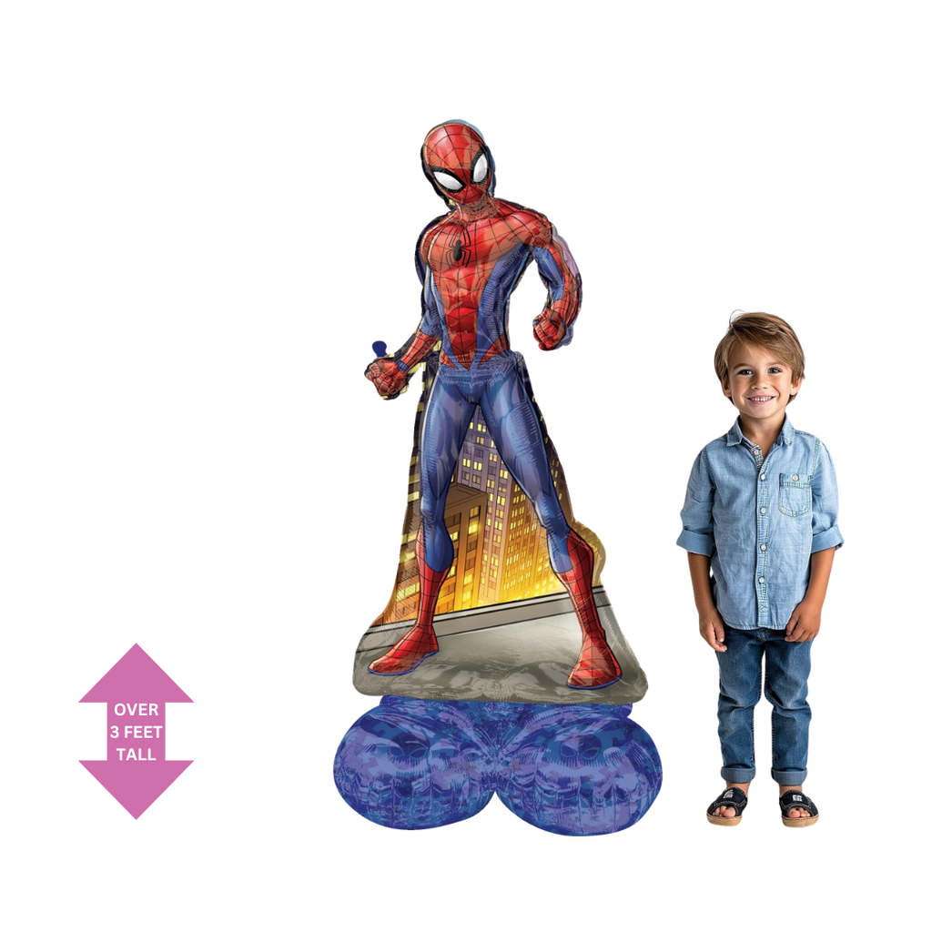 Red and blue Spiderman foil balloon stands over three feet tall superhero birthday theme from Parte Haus party supply store in Bethesda MD