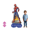 Red and blue Spiderman foil balloon stands over three feet tall superhero birthday theme from Parte Haus party supply store in Bethesda MD