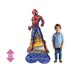 Red and blue Spiderman foil balloon stands over three feet tall superhero birthday theme from Parte Haus party supply store in Bethesda MD