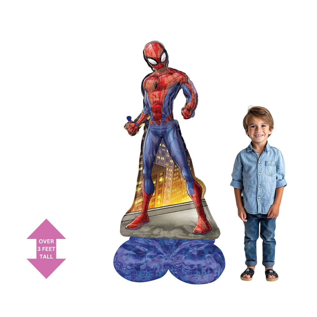 Red and blue Spiderman foil balloon stands over three feet tall superhero birthday theme from Parte Haus party supply store in Bethesda MD
