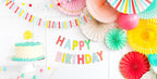 colorful happy birthday decorations pastel garland fans cake table birthday theme from Parte Haus party supply store in Bethesda MD