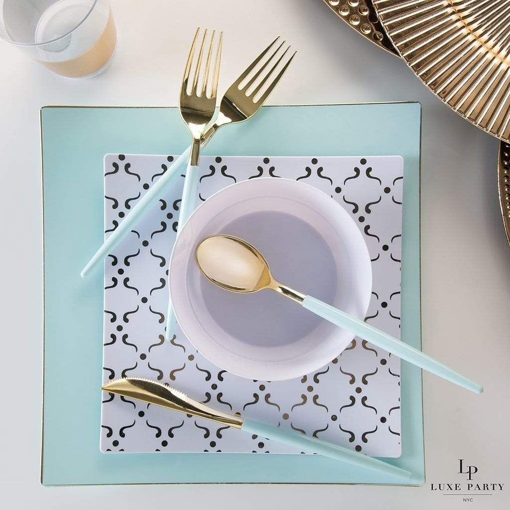 Mint blue and gold disposable tableware elegant dinner setting birthday from Parte Haus party supply store in Bethesda MD