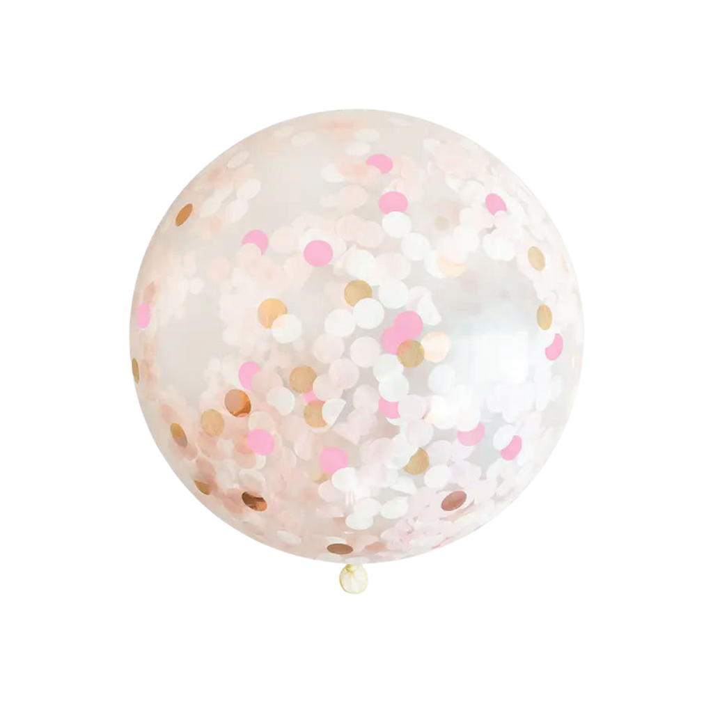 Pink gold and white confetti balloon for birthday celebration from Parte Haus party supply store in Bethesda MD