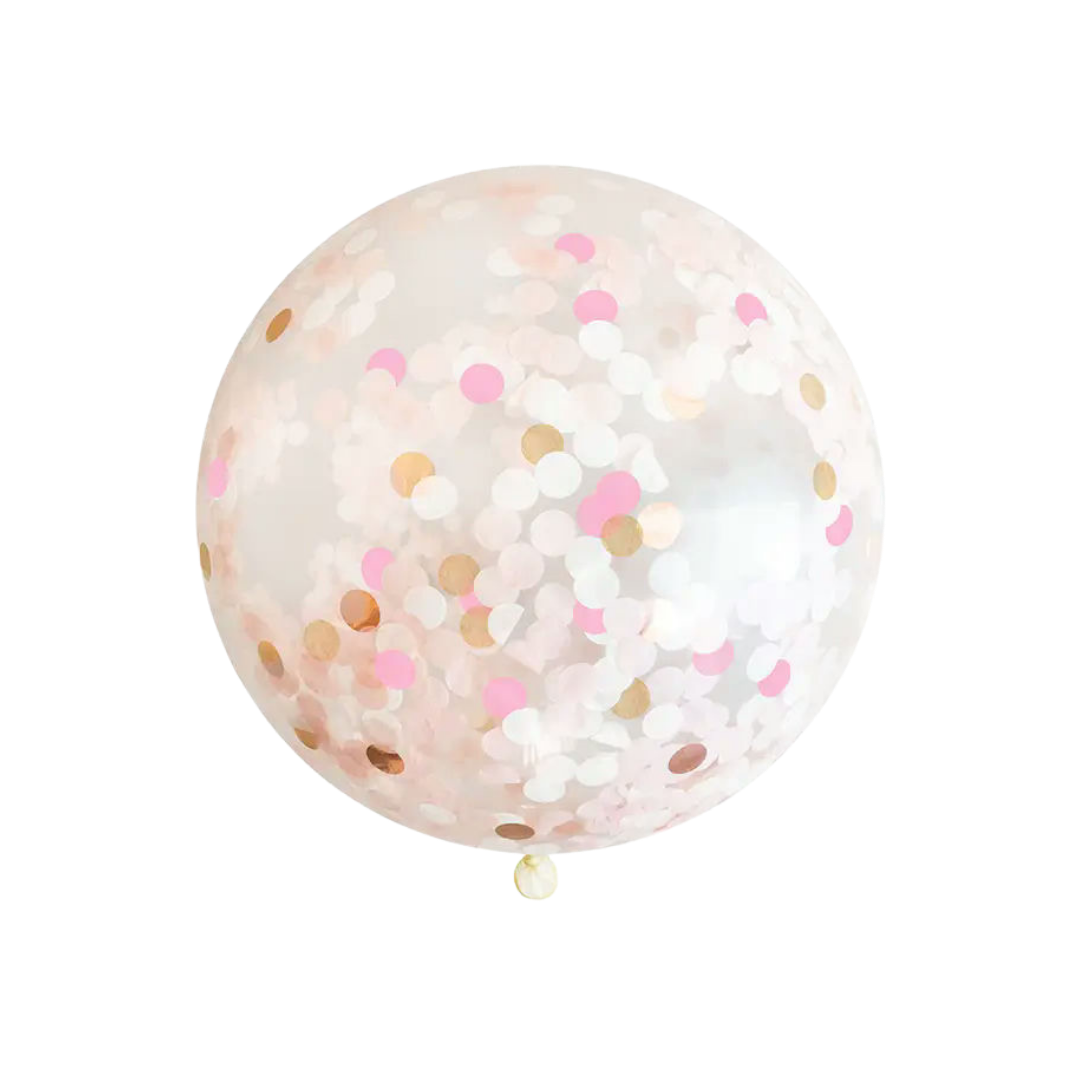 Pink gold and white confetti balloon for birthday celebration from Parte Haus party supply store in Bethesda MD