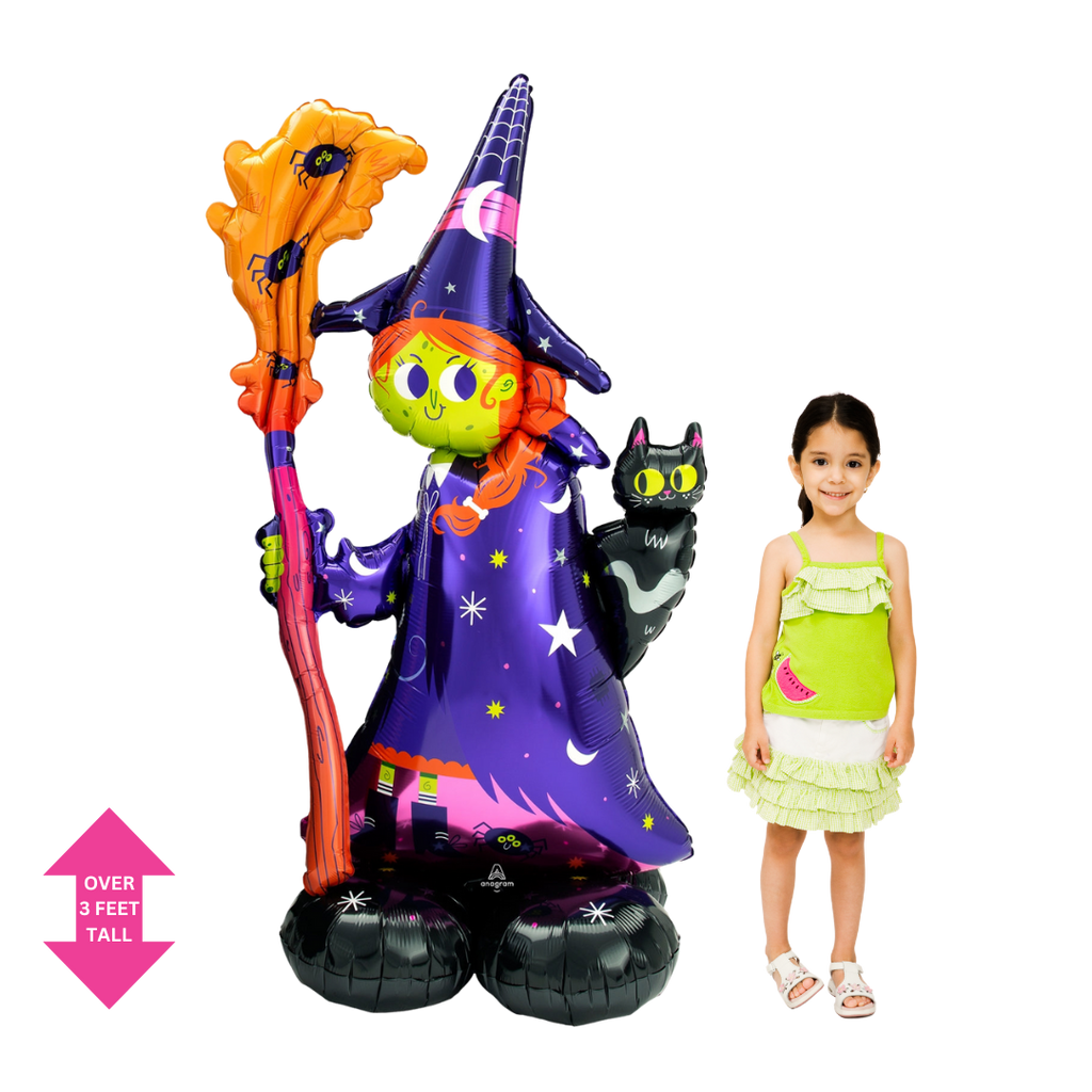 Colorful witch foil balloon with black cat for Halloween from Parte Haus party supply store in Bethesda Maryland
