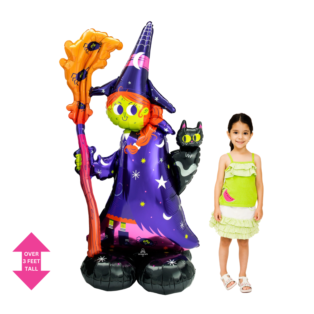 Colorful witch foil balloon with black cat for Halloween from Parte Haus party supply store in Bethesda Maryland