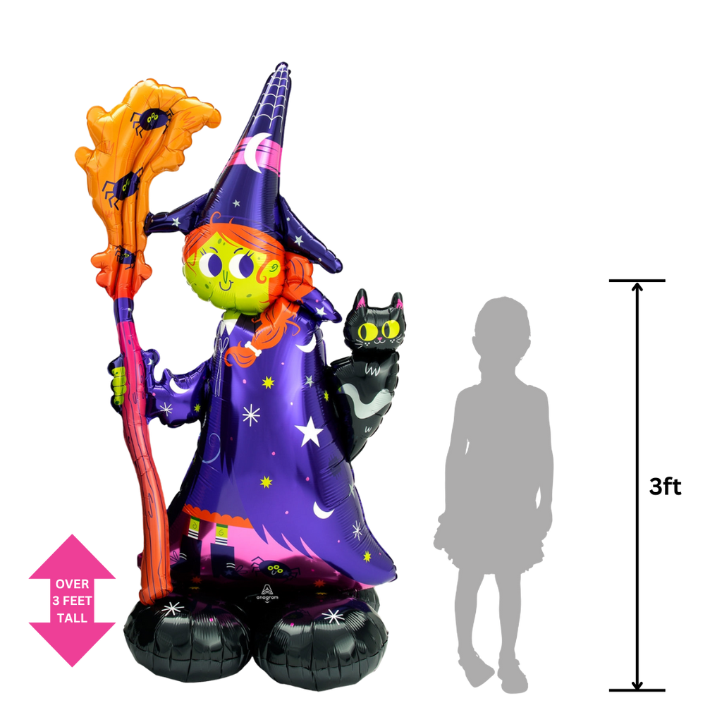 Purple and green witch foil balloon with broom and cat Halloween decoration from Parte Haus party supply store in Bethesda MD