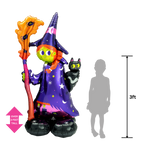 Purple and green witch foil balloon with broom and cat Halloween decoration from Parte Haus party supply store in Bethesda MD