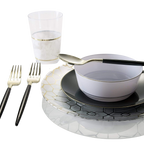 Gold and white elegant dinnerware set with forks plates bowl and cup for celebration from Parte Haus party supply store in Bethesda MD.