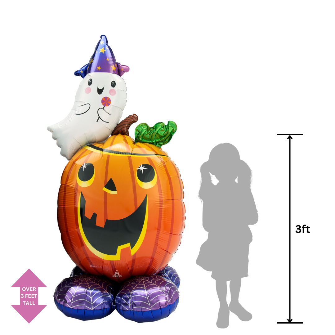 Orange pumpkin and white ghost foil balloon with Halloween design from Parte Haus party supply store in Bethesda MD