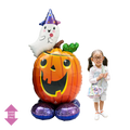 Orange pumpkin and white ghost foil Halloween balloon with a child from Parte Haus party supply store in Bethesda Maryland