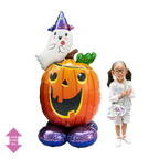 Orange pumpkin and white ghost foil Halloween balloon with a child from Parte Haus party supply store in Bethesda Maryland