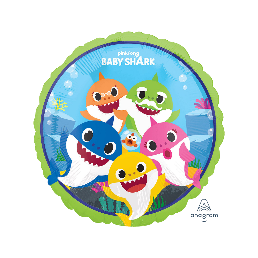 Blue yellow pink green orange Baby Shark balloon with cartoon shark family Birthday from Parte Haus party supply store in Bethesda Maryland