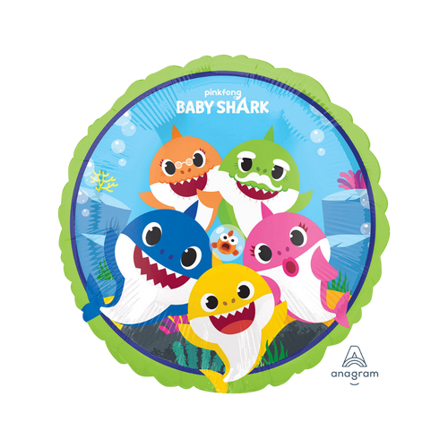 Blue yellow pink green orange Baby Shark balloon with cartoon shark family Birthday from Parte Haus party supply store in Bethesda Maryland