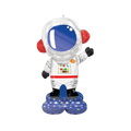 Silver astronaut inflatable balloon with blue and red accents for space theme from Parte Haus party supply store in Bethesda MD