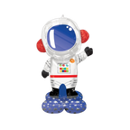 Silver astronaut inflatable balloon with blue and red accents for space theme from Parte Haus party supply store in Bethesda MD