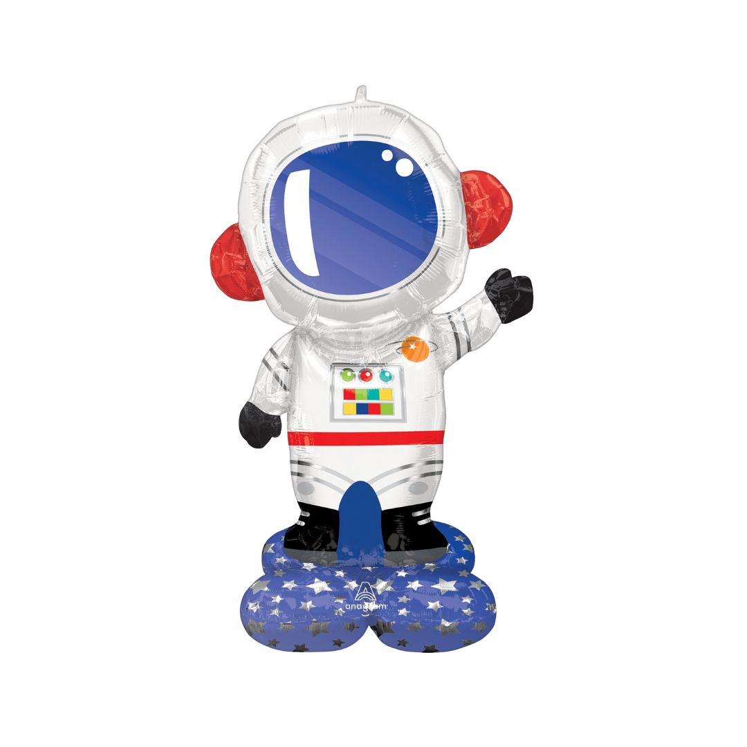 Silver astronaut inflatable balloon with blue and red accents for space theme from Parte Haus party supply store in Bethesda MD