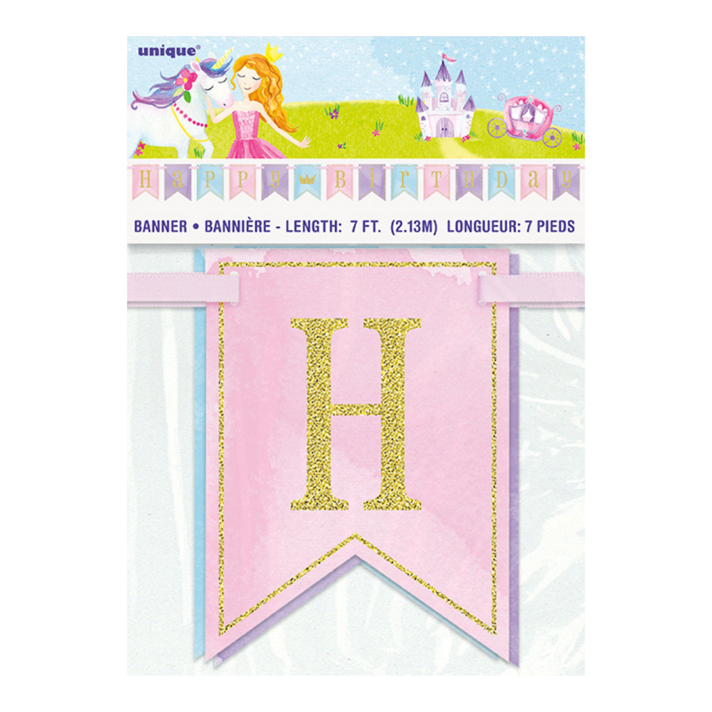 Pink and gold glitter princess birthday banner with castle and unicorn from Parte Haus party supply store in Bethesda MD