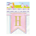 Pink and gold glitter princess birthday banner with castle and unicorn from Parte Haus party supply store in Bethesda MD