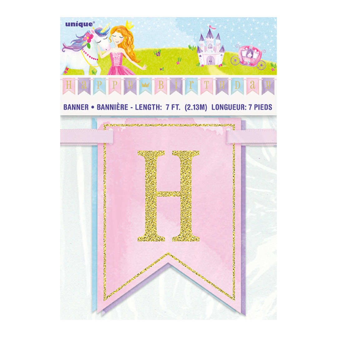 Pink and gold glitter princess birthday banner with castle and unicorn from Parte Haus party supply store in Bethesda MD