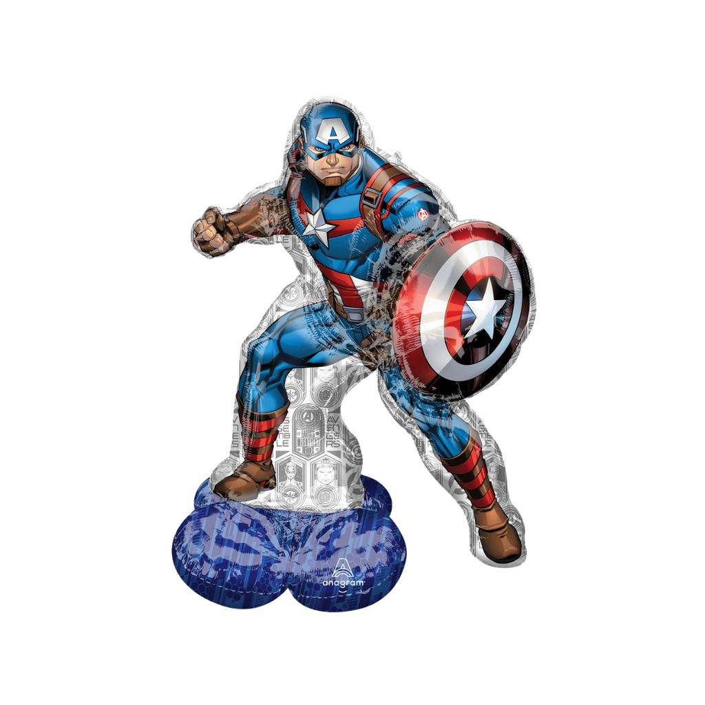 Blue and red Captain America inflatable foil balloon with shield superhero birthday theme from Parte Haus party supply store in Bethesda MD