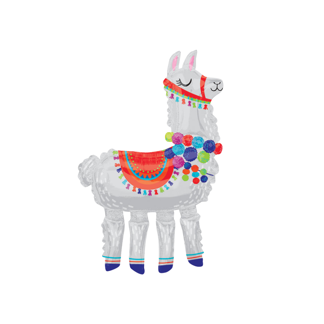 White llama foil balloon with colorful accents fiesta theme from Parte Haus party supply store in Bethesda MD