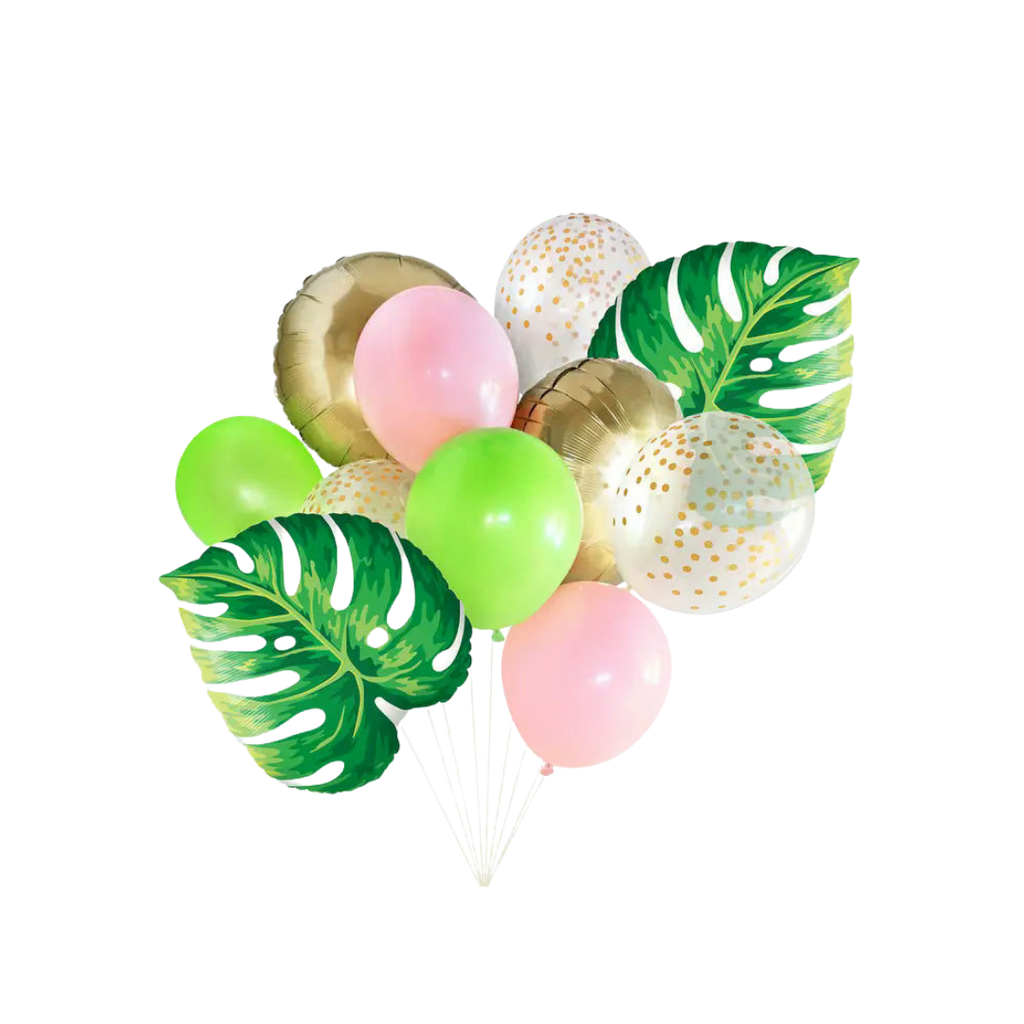Green gold pink and leaf tropical balloon bouquet for summer celebration from Parte Haus party supply store in Bethesda MD
