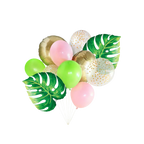 Green gold pink and leaf tropical balloon bouquet for summer celebration from Parte Haus party supply store in Bethesda MD
