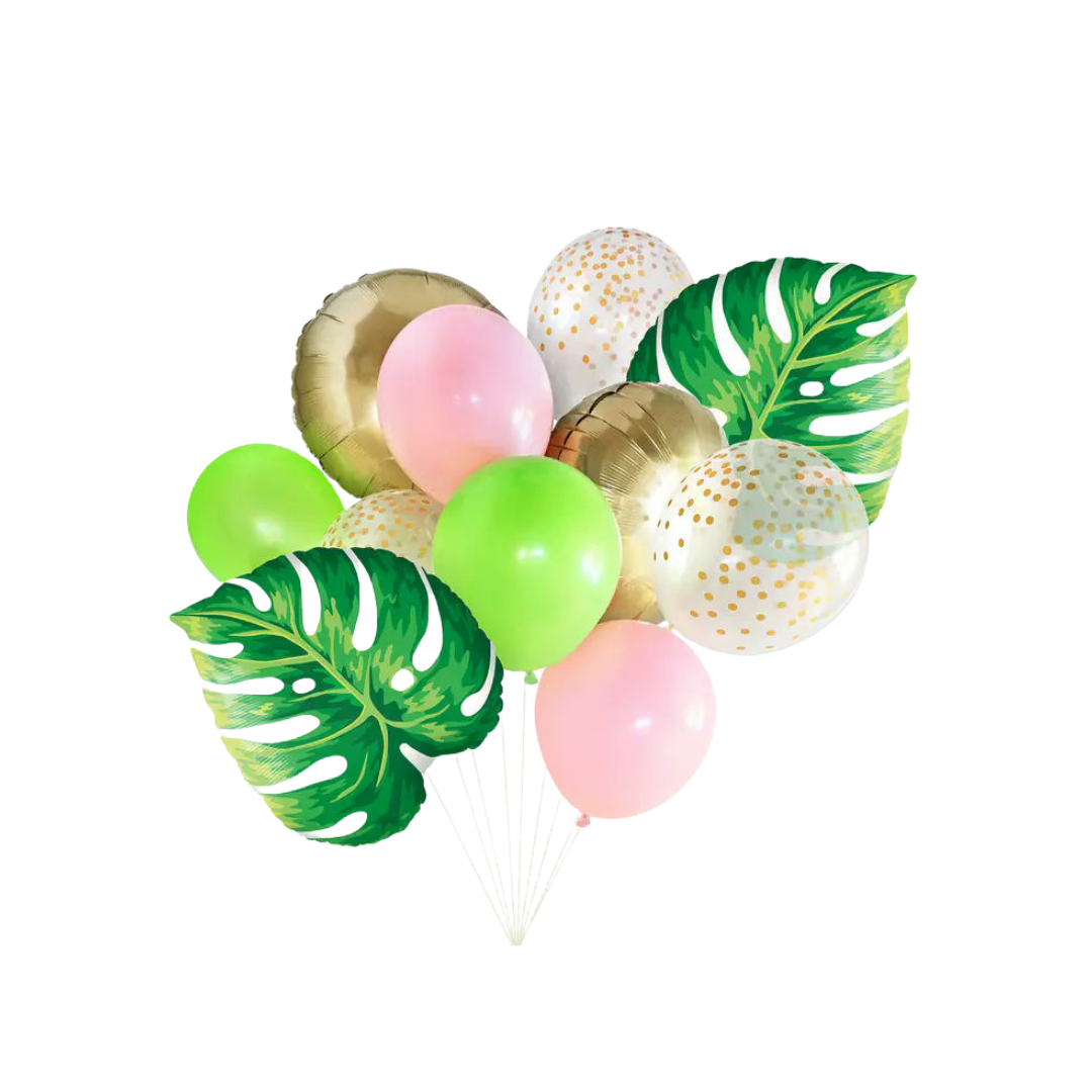 Green gold pink and leaf tropical balloon bouquet for summer celebration from Parte Haus party supply store in Bethesda MD