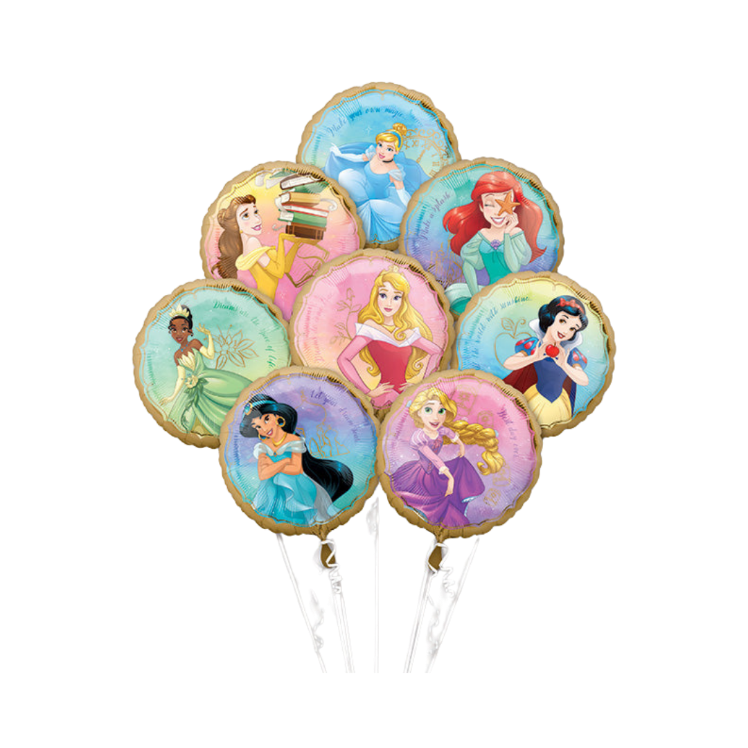 Colorful princess foil balloons with Disney characters birthday theme from Parte Haus party supply store in Bethesda MD.