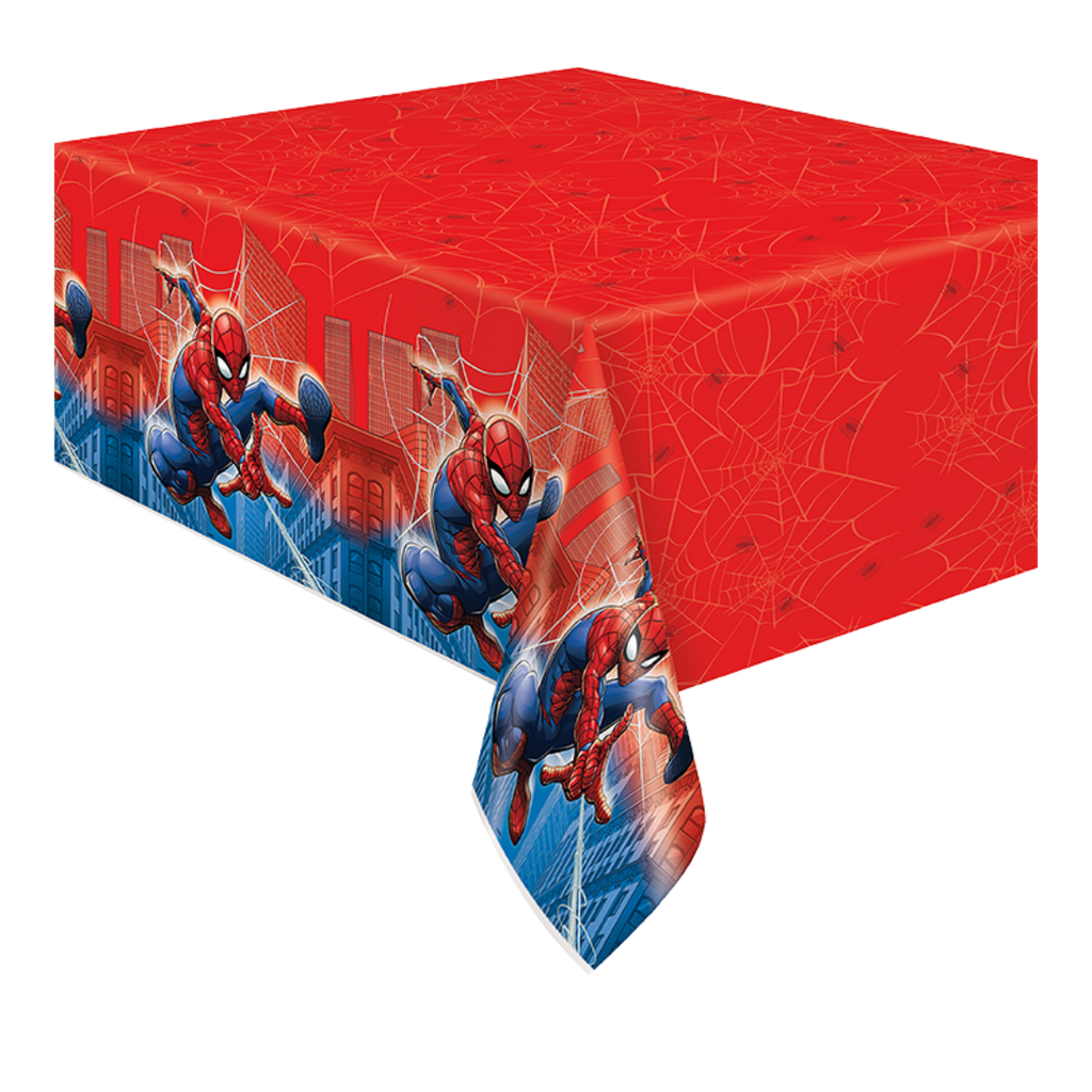 Red Spider-Man table cover with web and city print for superhero birthday from Parte Haus party supply store in Bethesda MD