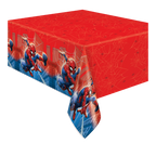 Red Spider-Man table cover with web and city print for superhero birthday from Parte Haus party supply store in Bethesda MD