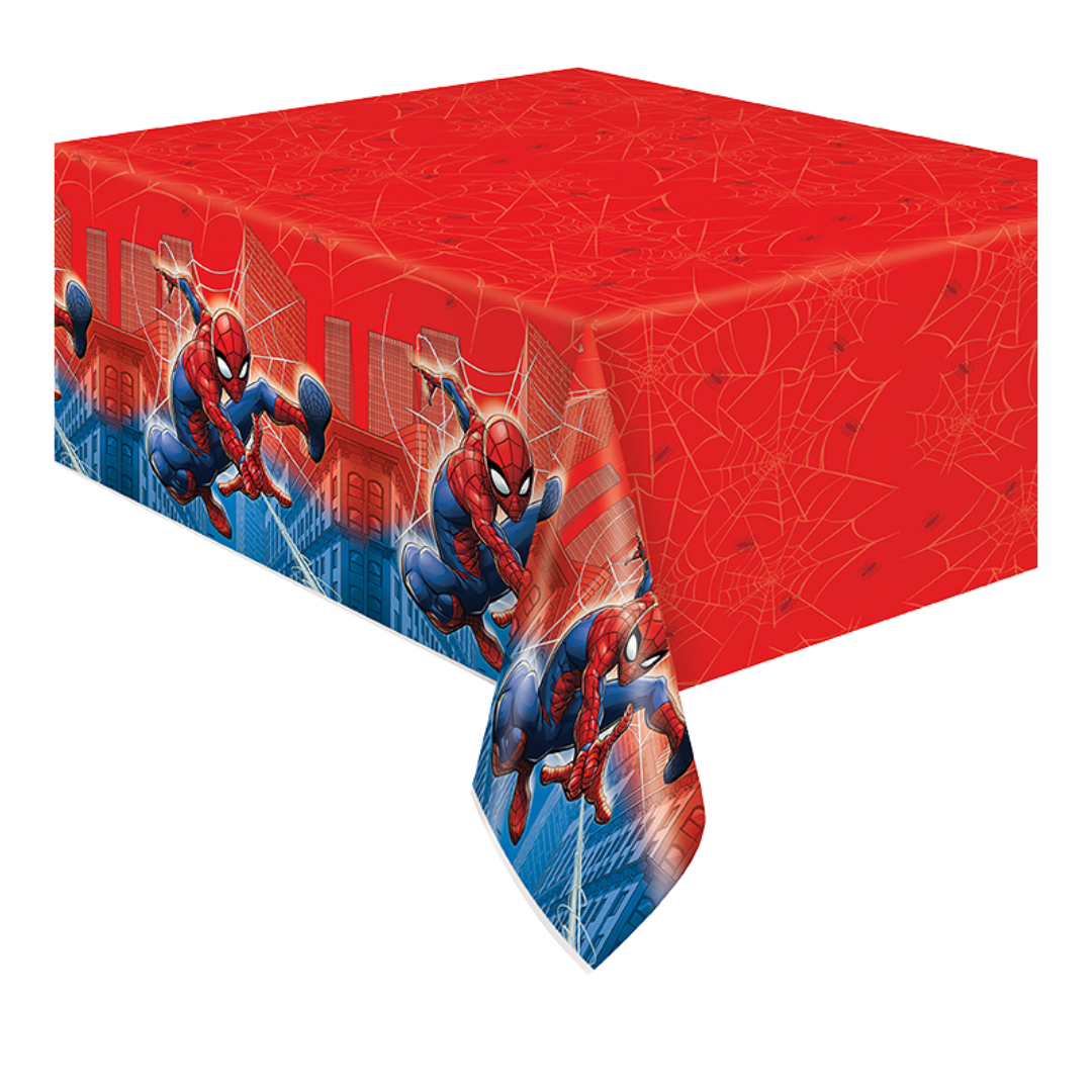 Red Spider-Man table cover with web and city print for superhero birthday from Parte Haus party supply store in Bethesda MD