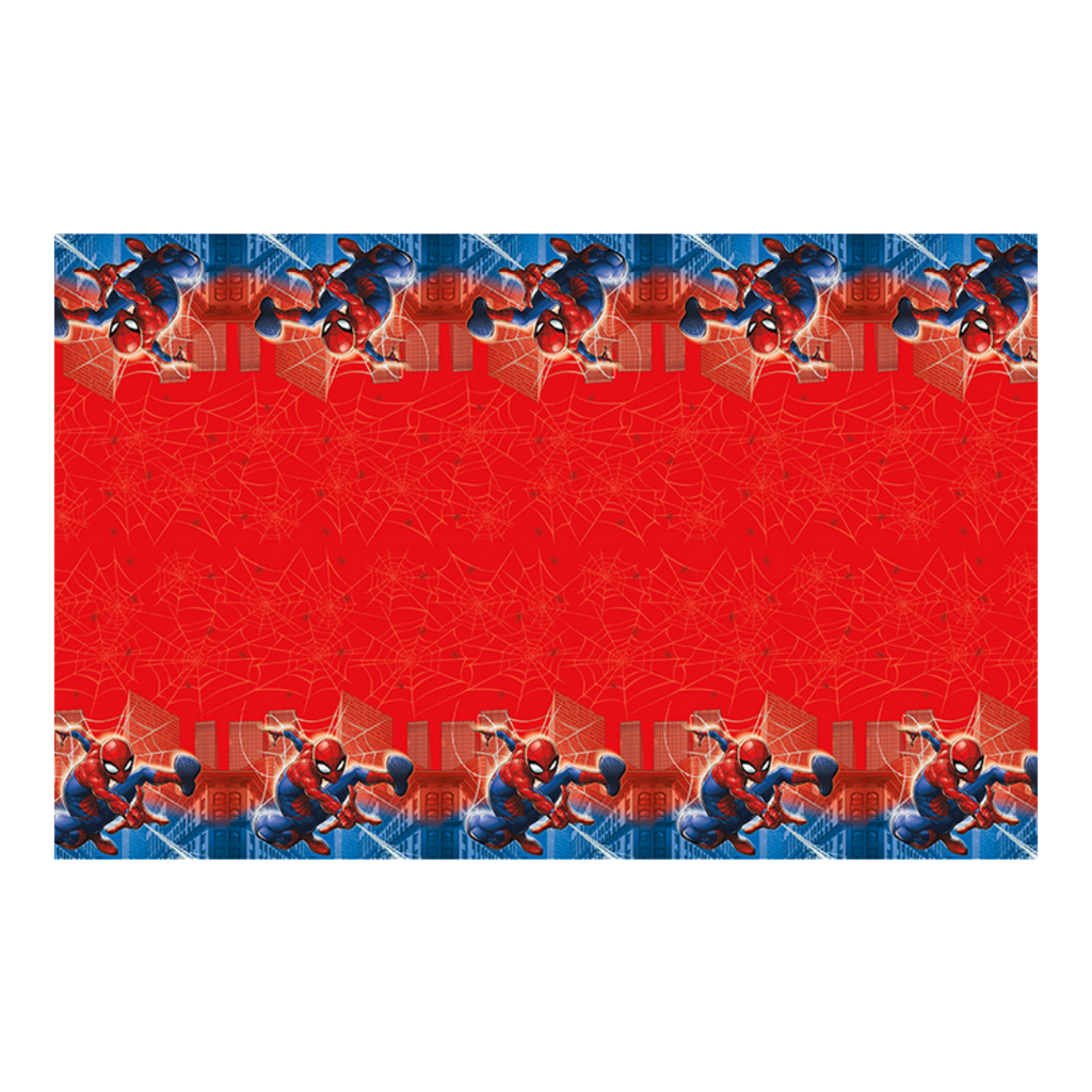Red Spiderman plastic table cover with web designs superhero birthday from Parte Haus party supply store in Bethesda MD