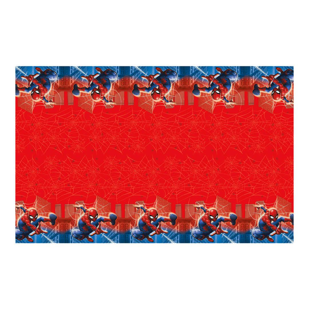 Red Spiderman plastic table cover with web designs superhero birthday from Parte Haus party supply store in Bethesda MD