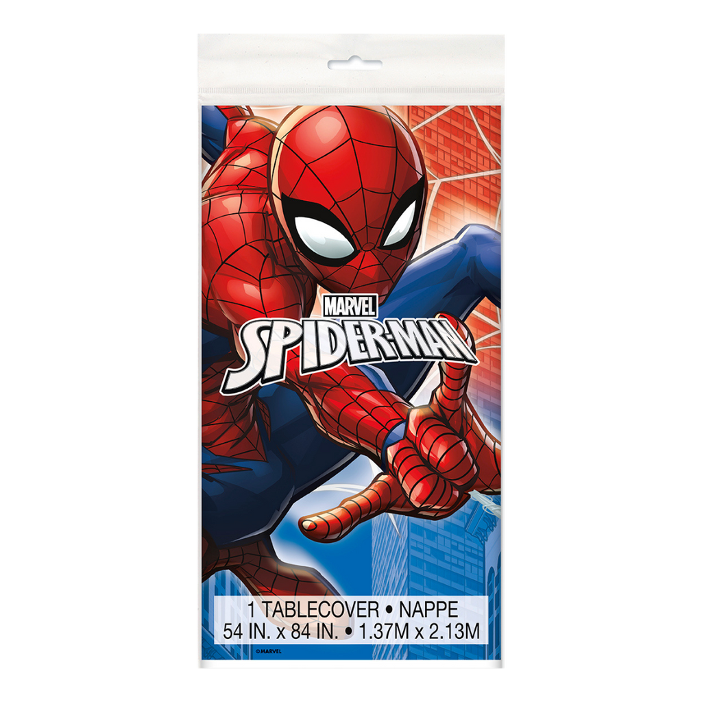 Red blue Spider-Man tablecover with web city background for kids birthday from Parte Haus party supply store in Bethesda MD