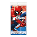 Red blue Spider-Man tablecover with web city background for kids birthday from Parte Haus party supply store in Bethesda MD