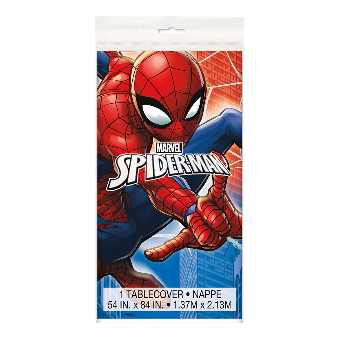 Red blue Spider-Man tablecover with web city background for kids birthday from Parte Haus party supply store in Bethesda MD