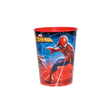 Red and blue Spider-Man plastic cup with web design for superhero birthday from Parte Haus party supply store in Bethesda MD