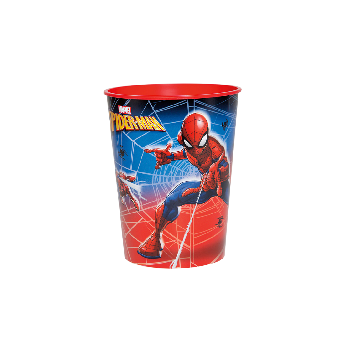 Red and blue Spider-Man plastic cup with web design for superhero birthday from Parte Haus party supply store in Bethesda MD