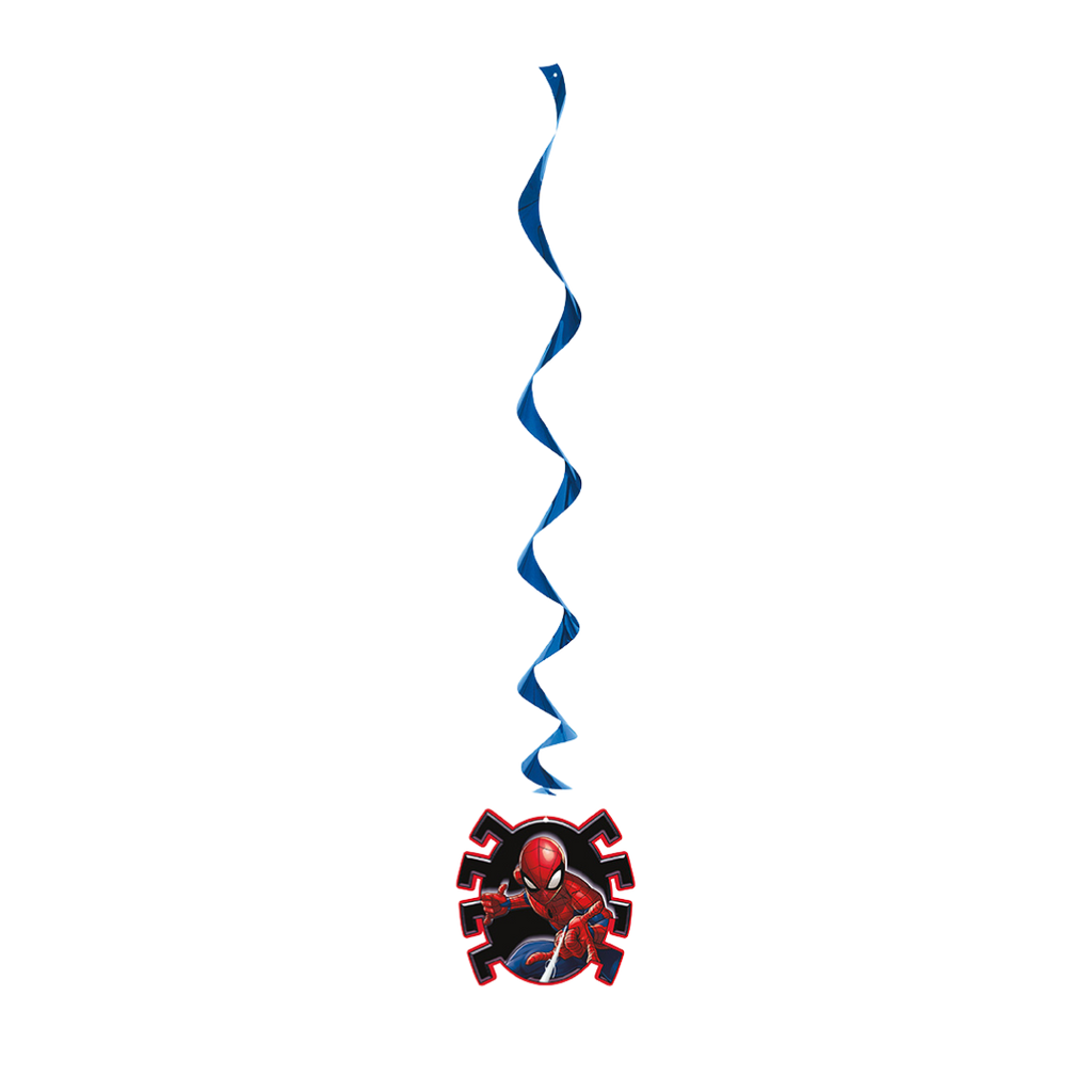 Blue Spiderman hanging swirl decoration for superhero birthday from Parte Haus party supply store in Bethesda MD