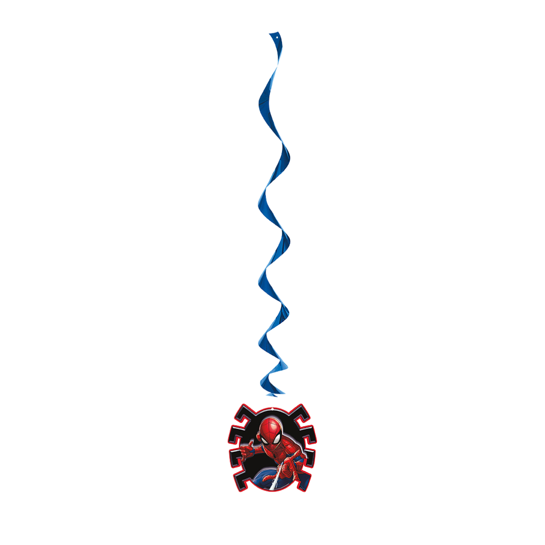 Blue Spiderman hanging swirl decoration for superhero birthday from Parte Haus party supply store in Bethesda MD