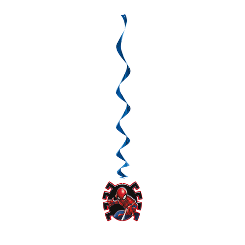 Blue Spiderman hanging swirl decoration for superhero birthday from Parte Haus party supply store in Bethesda MD