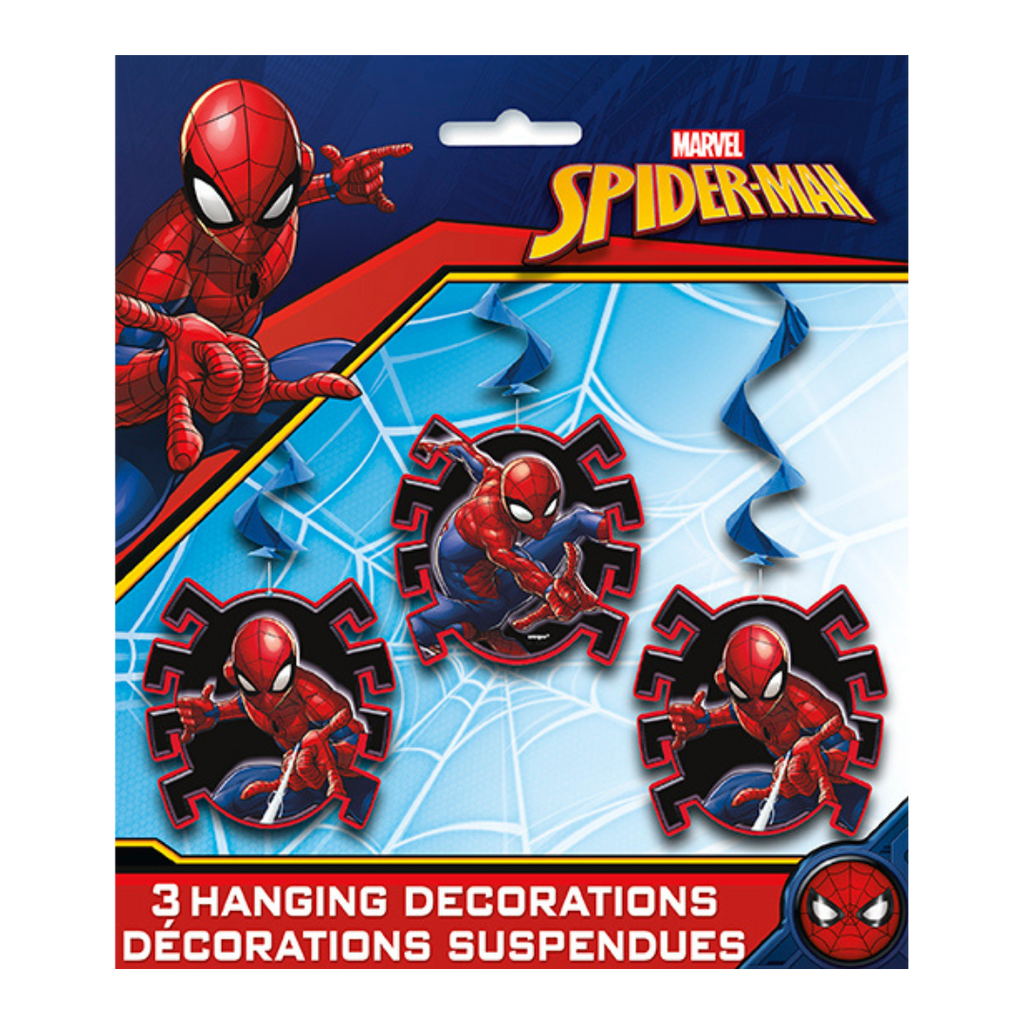 Red and blue Spider-Man hanging decorations with web detail birthday theme from Parte Haus party supply store in Bethesda MD