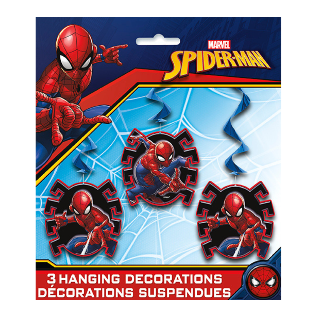 Red and blue Spider-Man hanging decorations with web detail birthday theme from Parte Haus party supply store in Bethesda MD