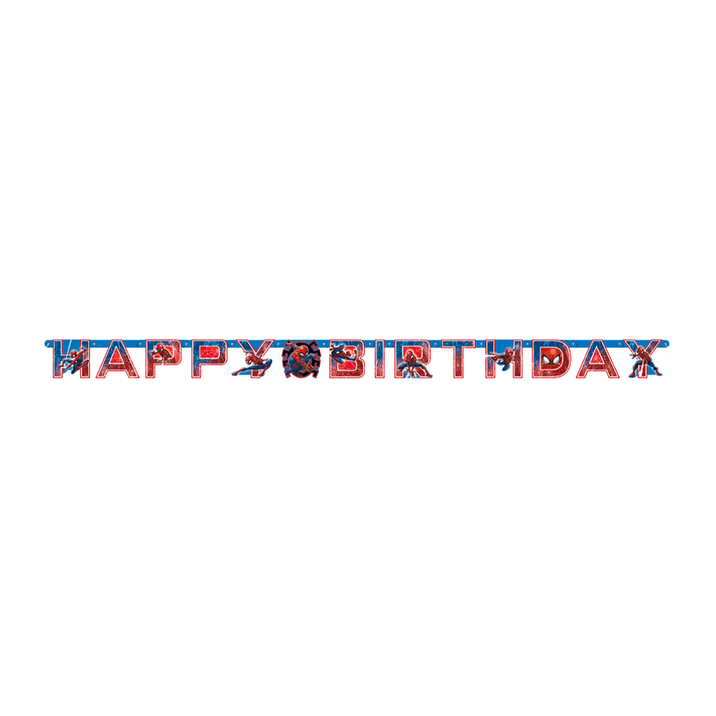 Red and blue Spider-Man happy birthday banner for kids birthday from Parte Haus party supply store in Bethesda MD.
