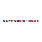 Red and blue Spider-Man happy birthday banner for kids birthday from Parte Haus party supply store in Bethesda MD.